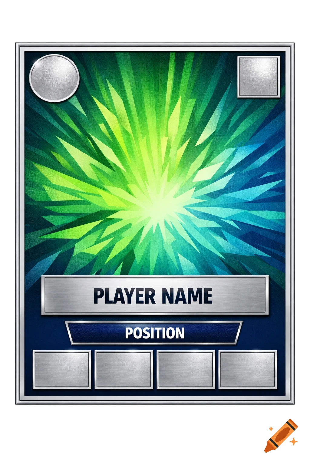 A blank football trading card template with a green and blue geometric explosion background, silver accent boxes for player name and position.
