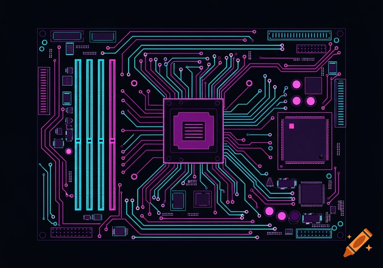 A top-down view of a vintage computer motherboard with glowing neon pink, cyan, and purple circuit traces against a black background, in a synthwave vector style.