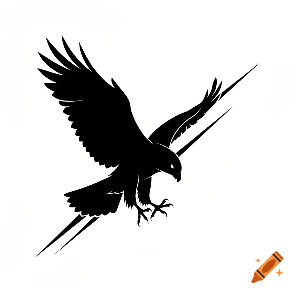 Black vector silhouette of a raptor with outstretched wings and talons, swooping downward on a white background, with two sharp lines trailing behind.