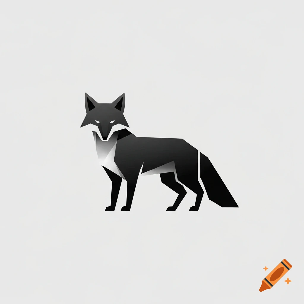A minimalist, geometric black and white fox logo standing on a light background.