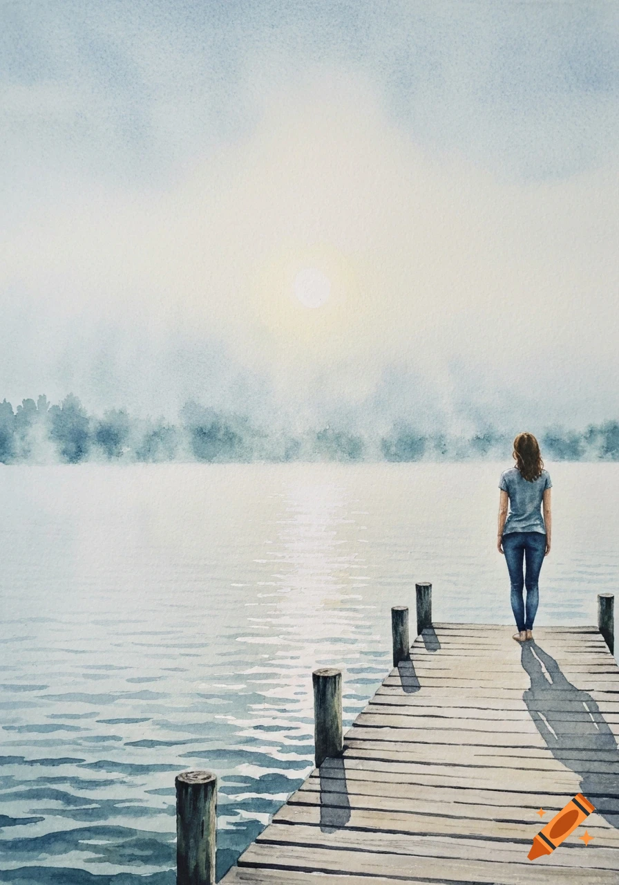 Watercolor painting of a woman standing on a wooden pier, looking out at a misty lake with the sun low on the horizon.