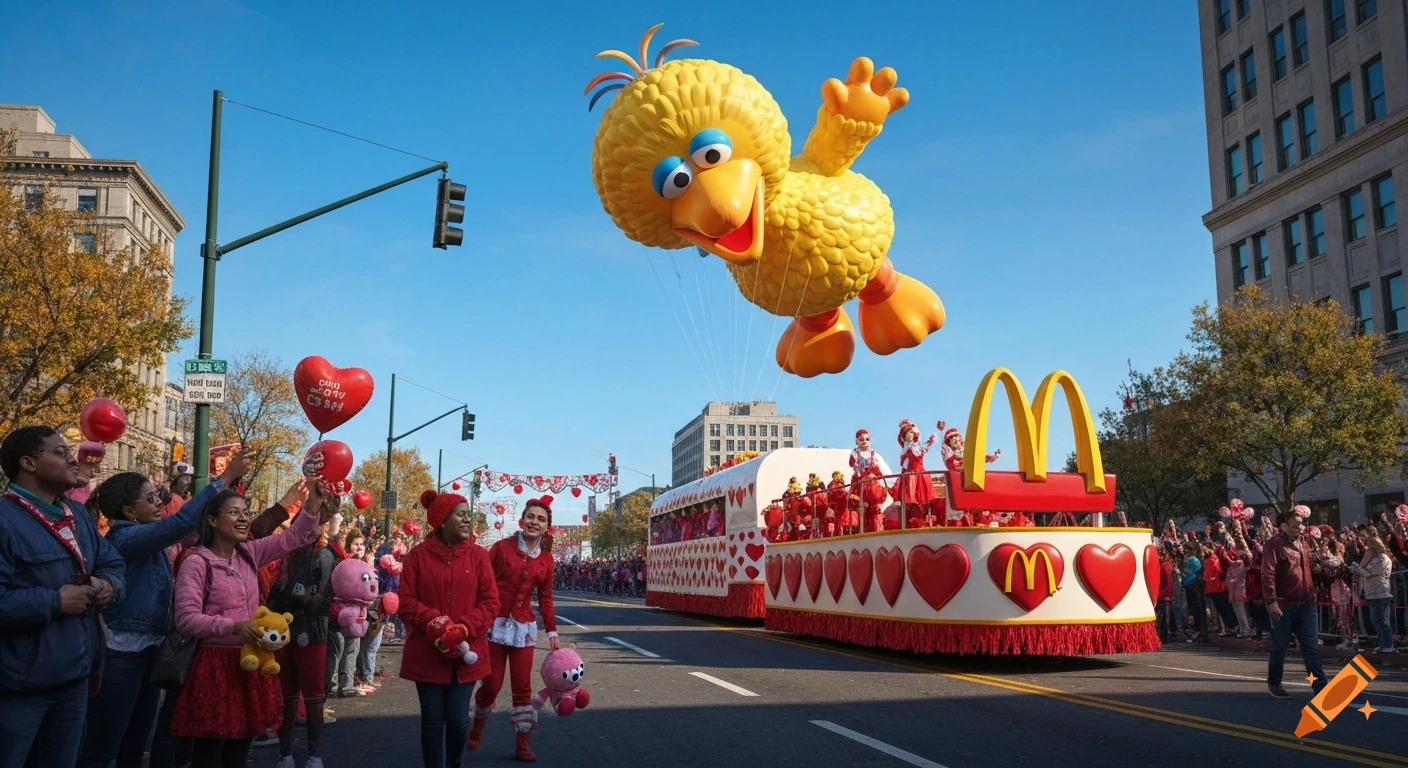 A large Big Bird balloon floats above a city street during a parade, alongside a McDonald's float decorated with hearts, and people cheering.