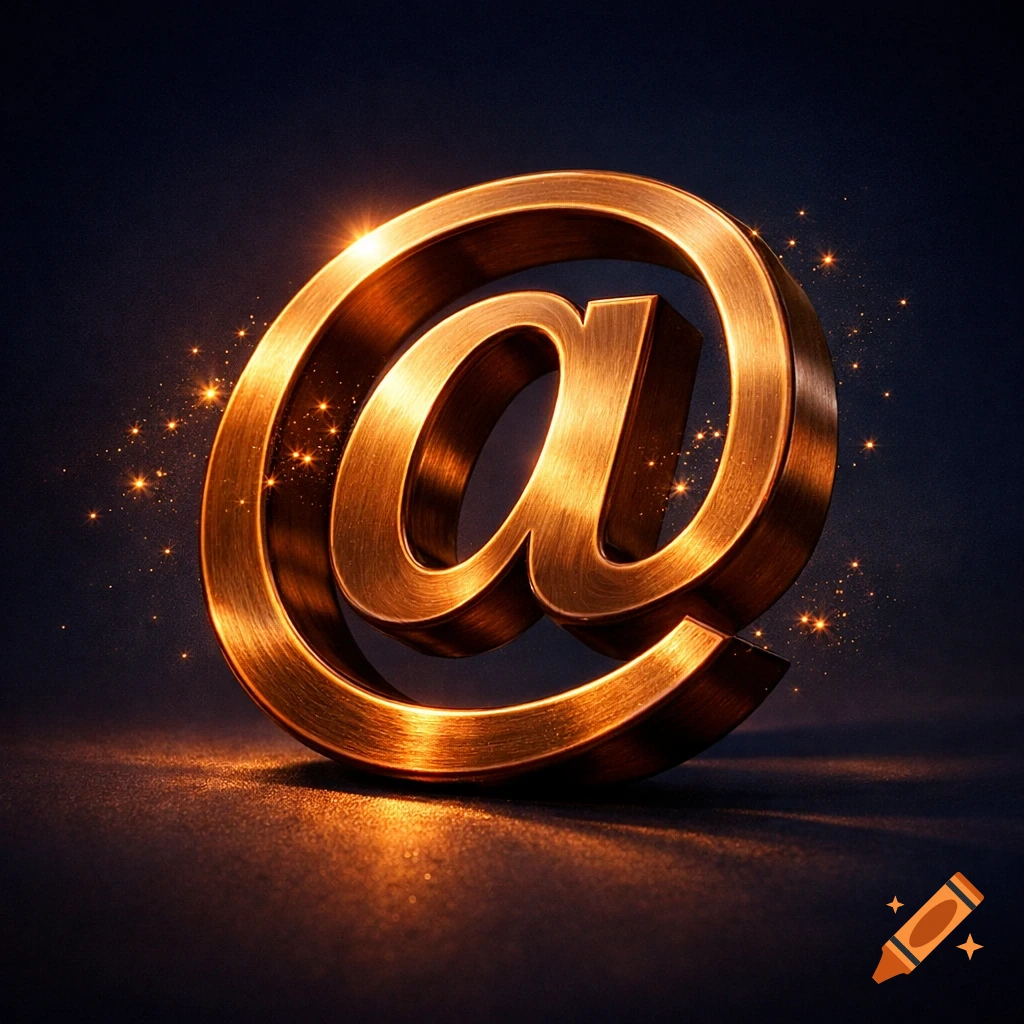 A shiny 3D golden at symbol against a dark background with sparkling light effects.