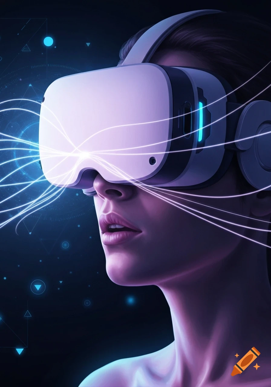 Person wearing a glowing, futuristic VR headset, with digital lines connecting to a dark tech background.