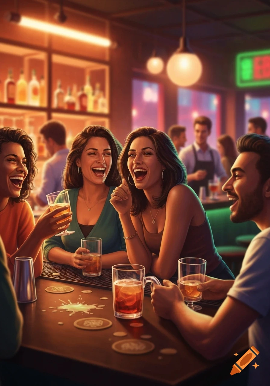 Three friends, two women and a man, laugh and drink at a lively bar counter, with more people and bottles blurred in the background.