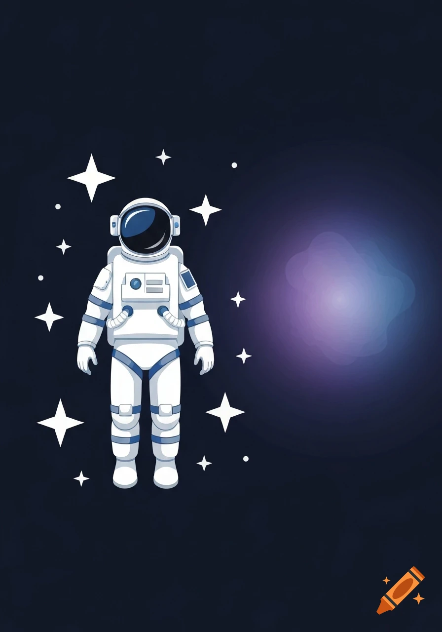 A vector illustration of an astronaut in a white suit with blue accents, floating among white stars against a dark blue and purple space background.