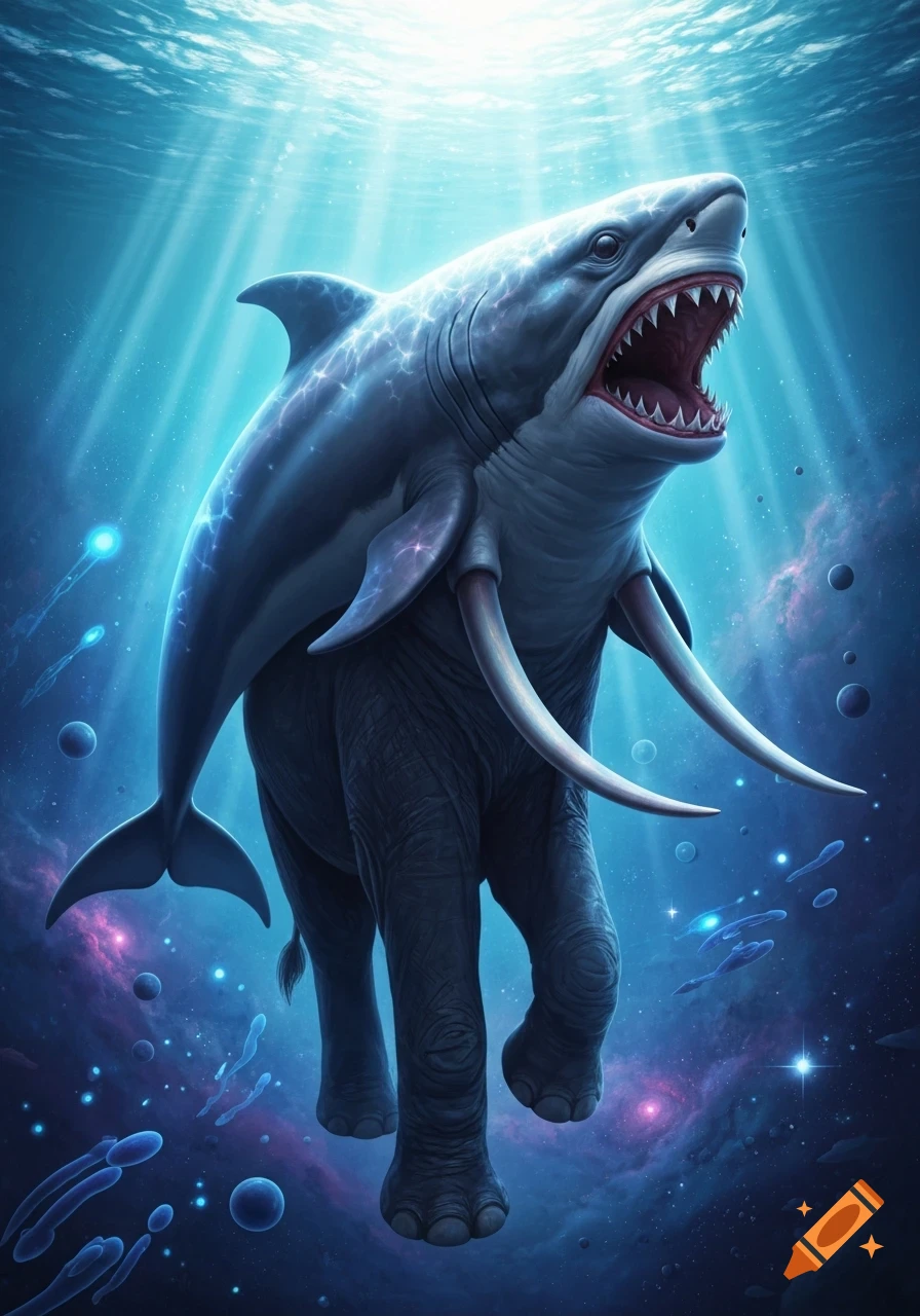 A majestic creature with a shark's head and open mouth, a dolphin's body, and elephant legs and tusks, swims through a luminous blue underwater and cosmic setting with glowing particles.