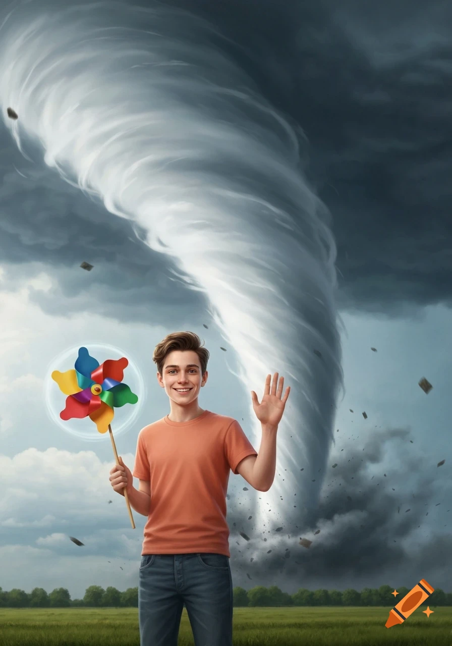 A young man smiles and waves, holding a colorful pinwheel in a green field, while a massive tornado looms behind him.