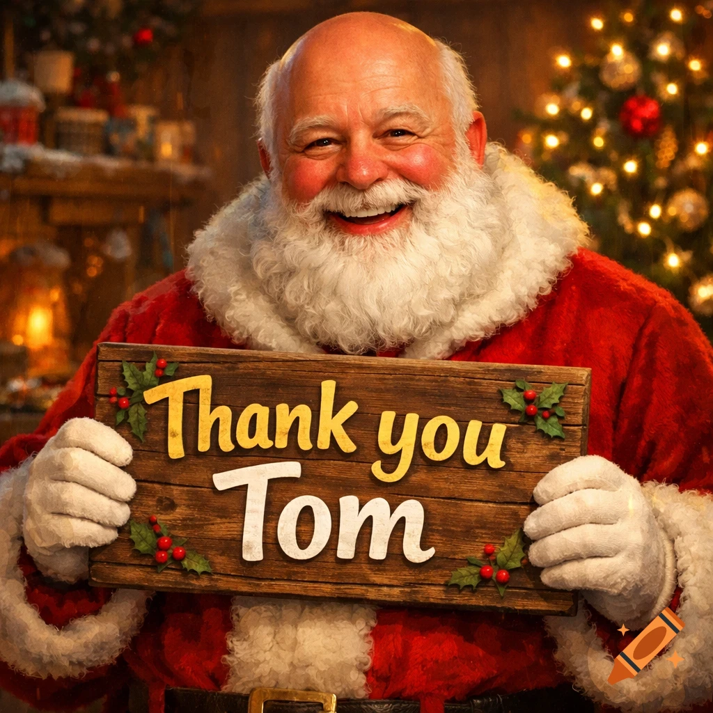 A cheerful, bald Santa Claus in a red suit holds a wooden sign that reads 'Thank you Tom' in a festive, decorated room with a Christmas tree.