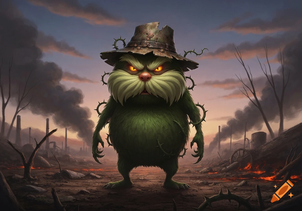 A grumpy, green, furry monster with glowing eyes, a rustic hat, and thorns stands in a desolate, smoky, polluted wasteland.