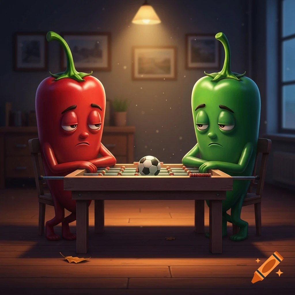 A red and a green cartoon chili pepper sit opposite each other at a foosball table, both looking sad and sleepy in a dimly lit room.