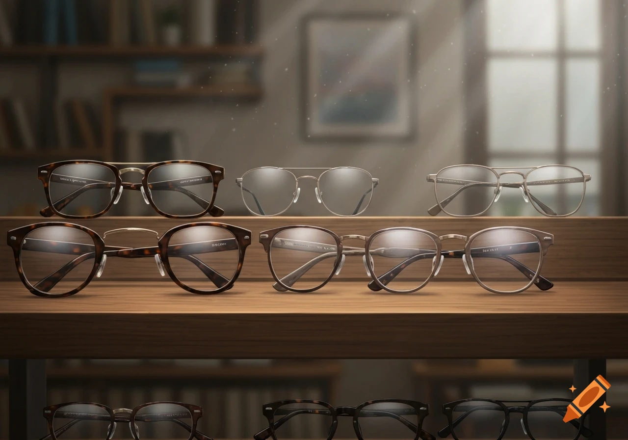 Multiple pairs of stylish eyeglasses displayed on wooden shelves in a retail setting.