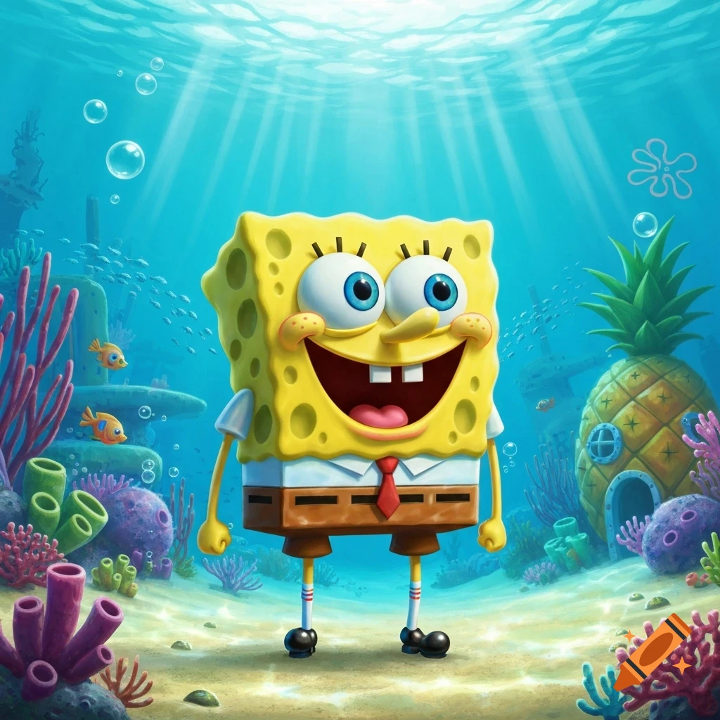 SpongeBob SquarePants stands underwater, smiling broadly, with a pineapple house and coral in the vibrant background.