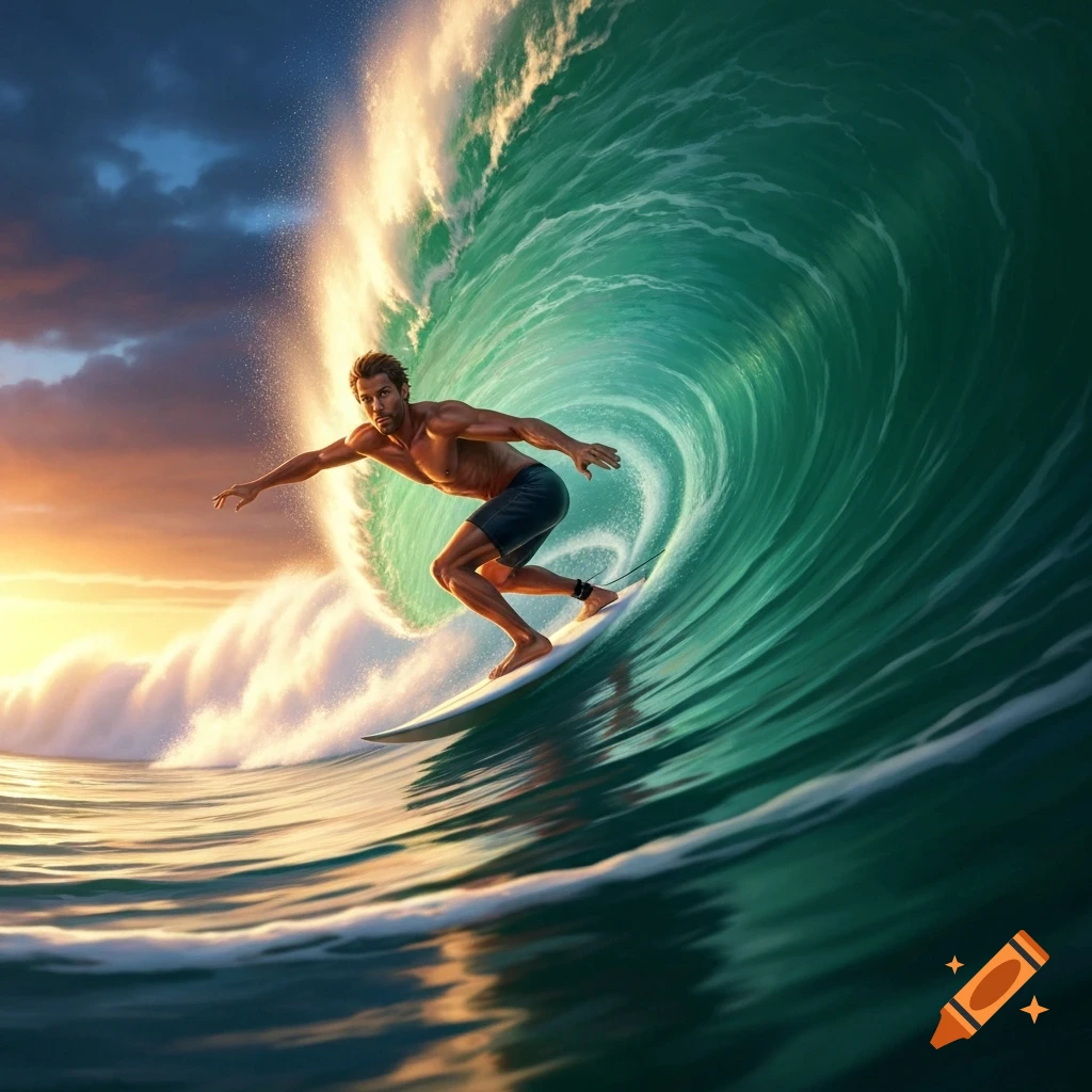 A man on a surfboard rides a huge curling green wave during sunset, with a dramatic sky.