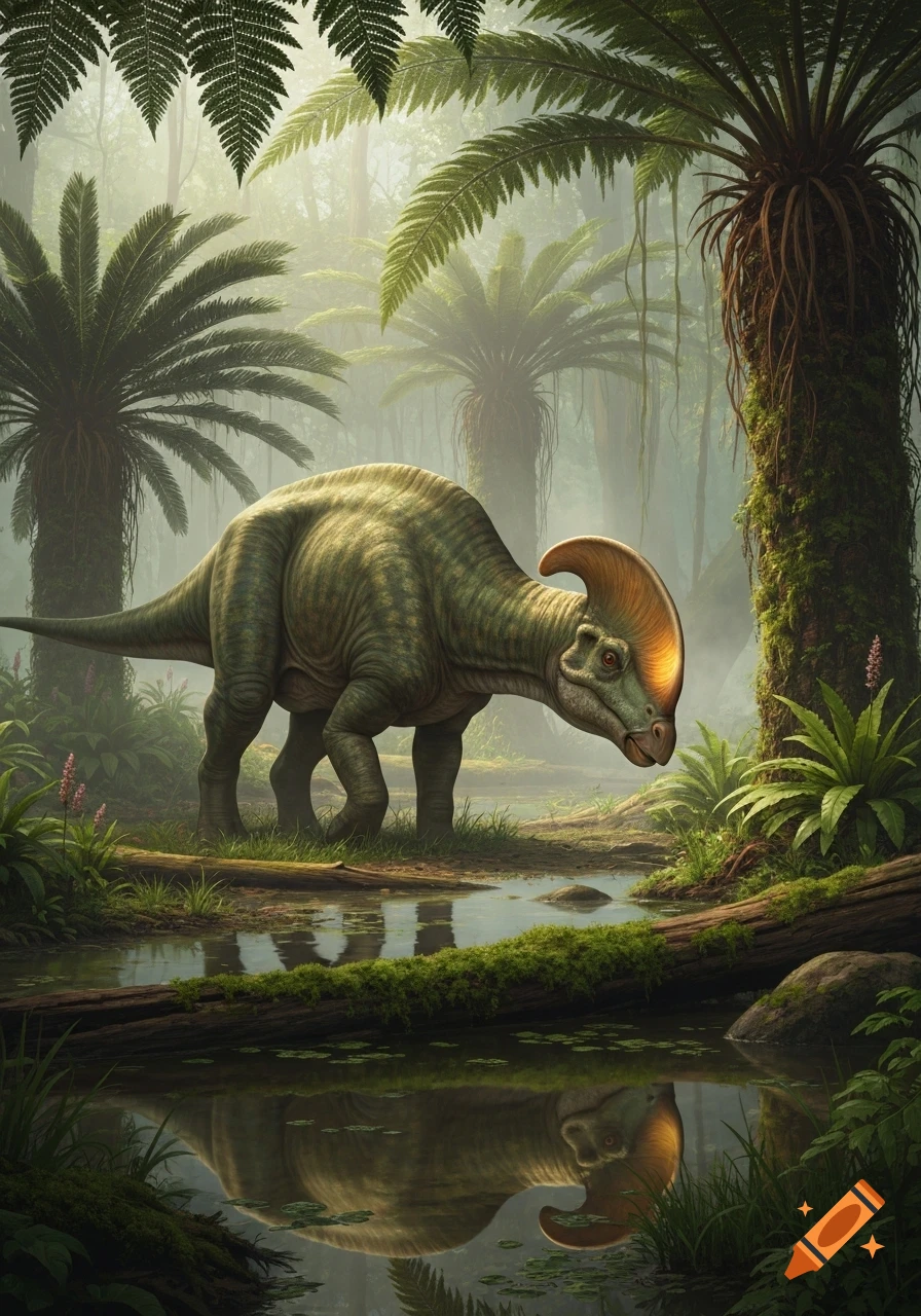 A Corythosaurus dinosaur grazes by a reflective stream in a misty, lush prehistoric jungle, with palm trees and ferns.