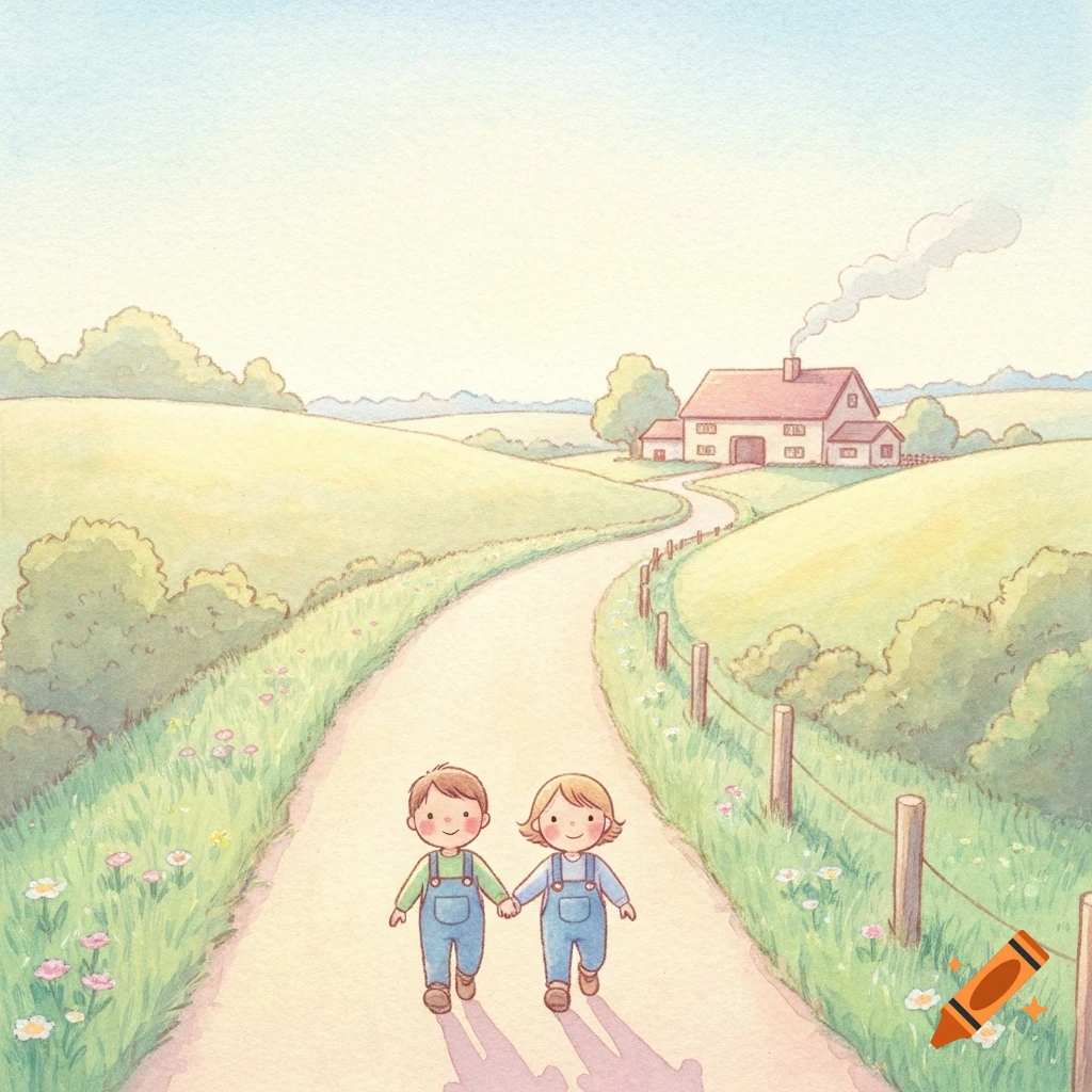 Two smiling children walk hand-in-hand up a country lane towards a farm amidst rolling green hills, in a soft watercolor illustration.