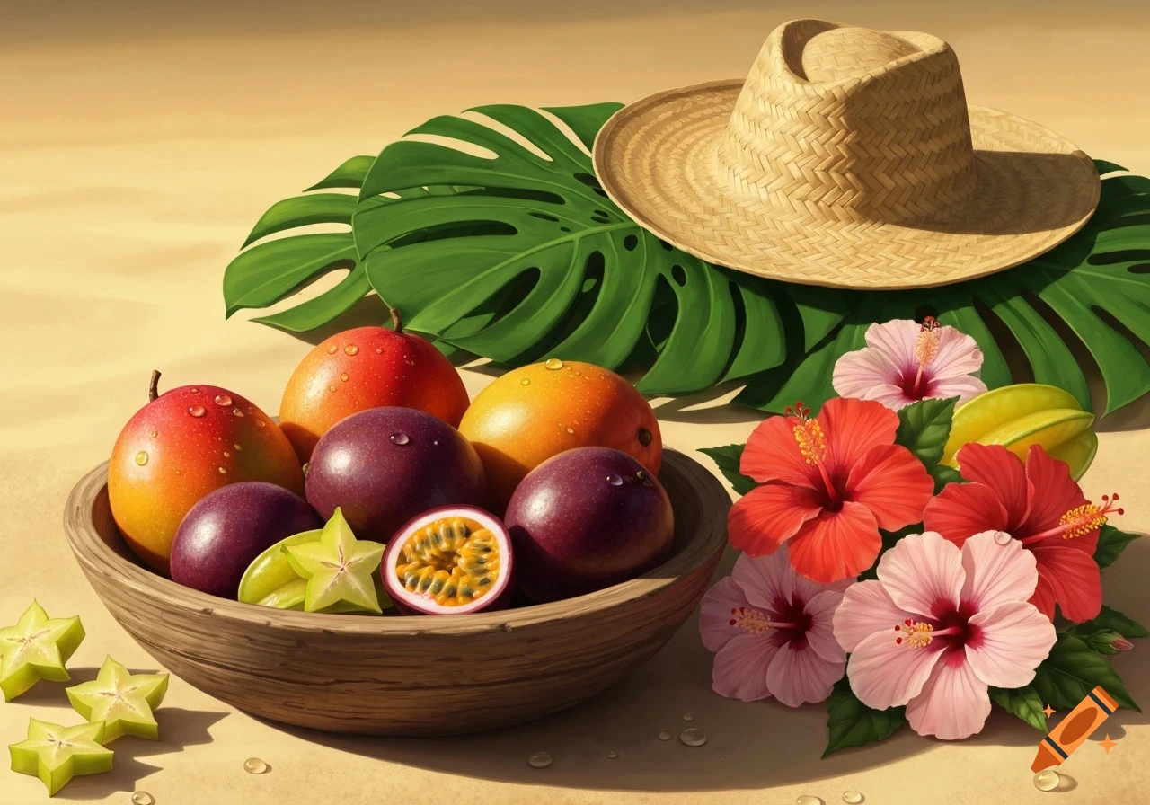 A vibrant still life with a bowl of tropical fruits, red and pink hibiscus flowers, a straw hat, and monstera leaves on a sandy beach.