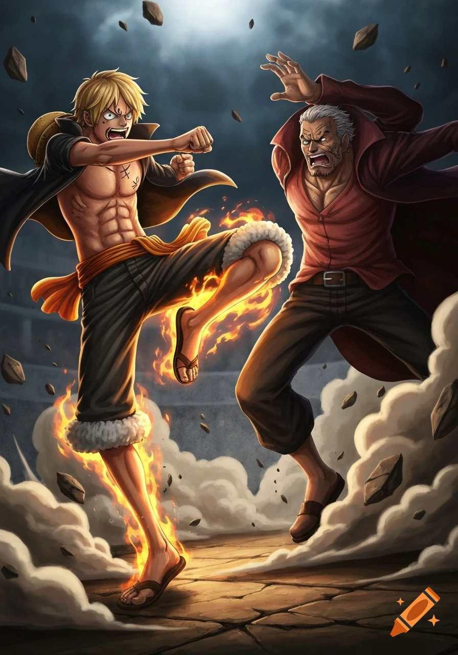 Anime illustration of a muscular blond man with a flaming leg kicking an older grey-haired man in a dynamic fight scene.