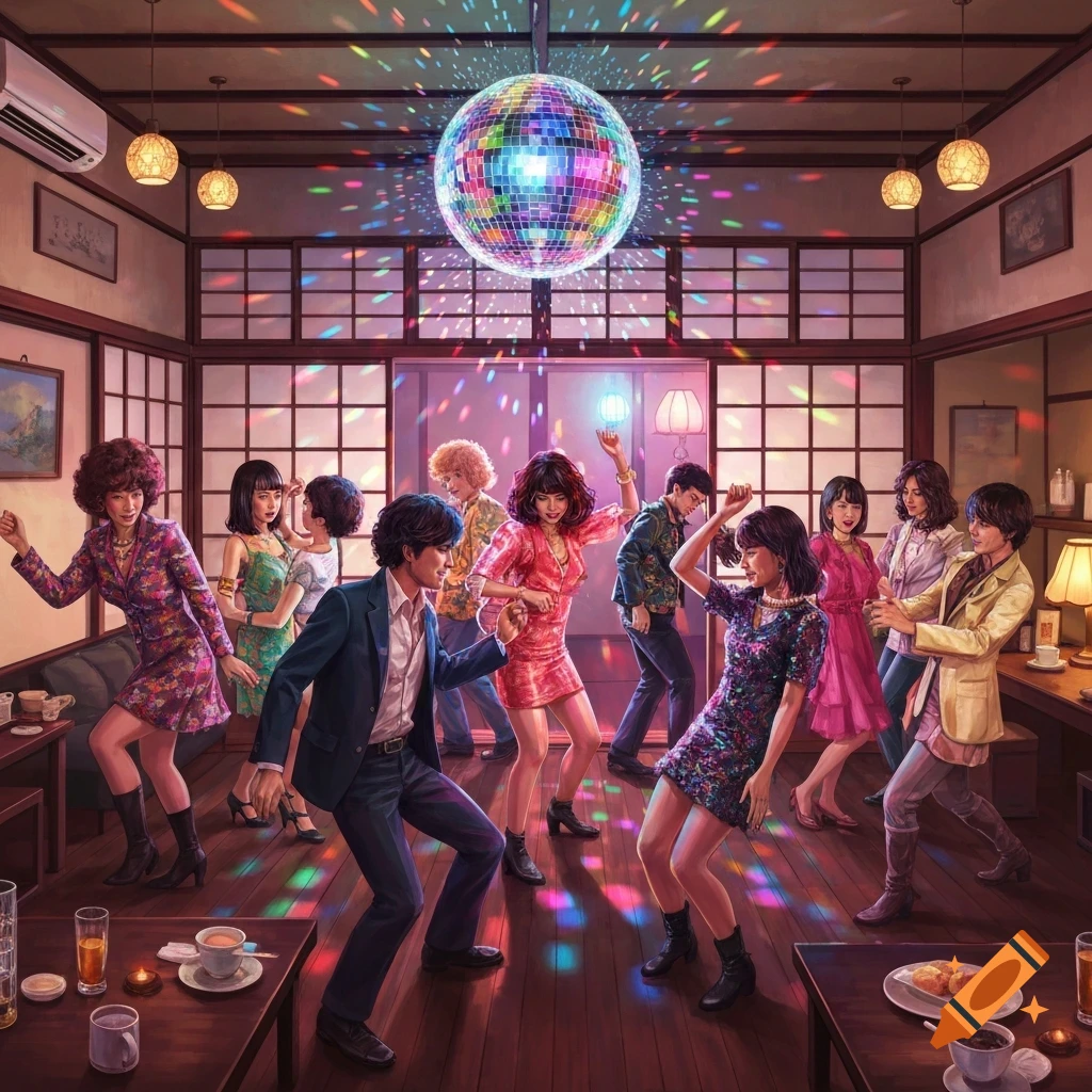 People dance at a colorful disco party in a Tokyo cafe with paper sliding doors, illuminated by a large disco ball.