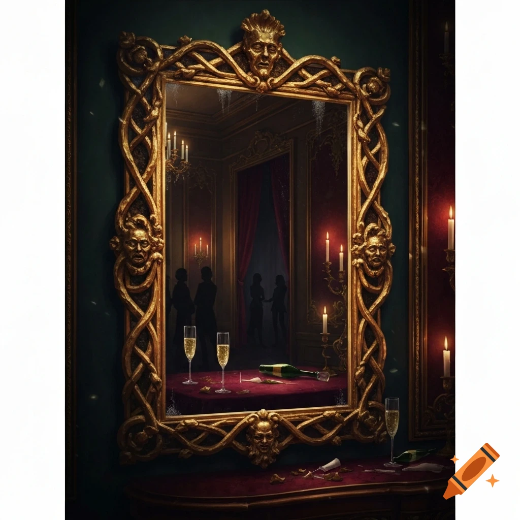 An ornate golden mirror with carved faces reflects a dimly lit room with shadowy figures, champagne glasses, and a fallen bottle.