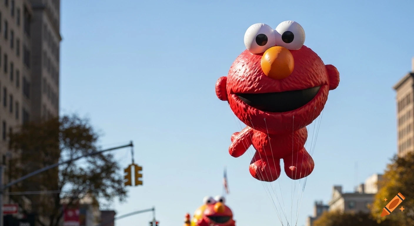 A giant red Elmo parade balloon floats in a clear blue sky above a city street with buildings in the background.