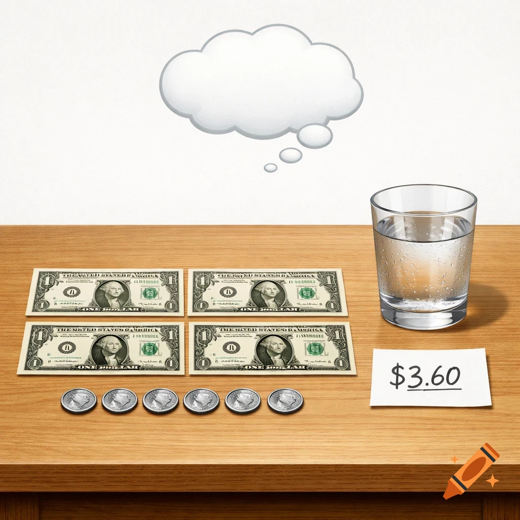 A still life showing four one-dollar bills, six silver coins, a paper slip with "$3.60" handwritten, and a glass of water with condensation on a wooden table, under a thought cloud.