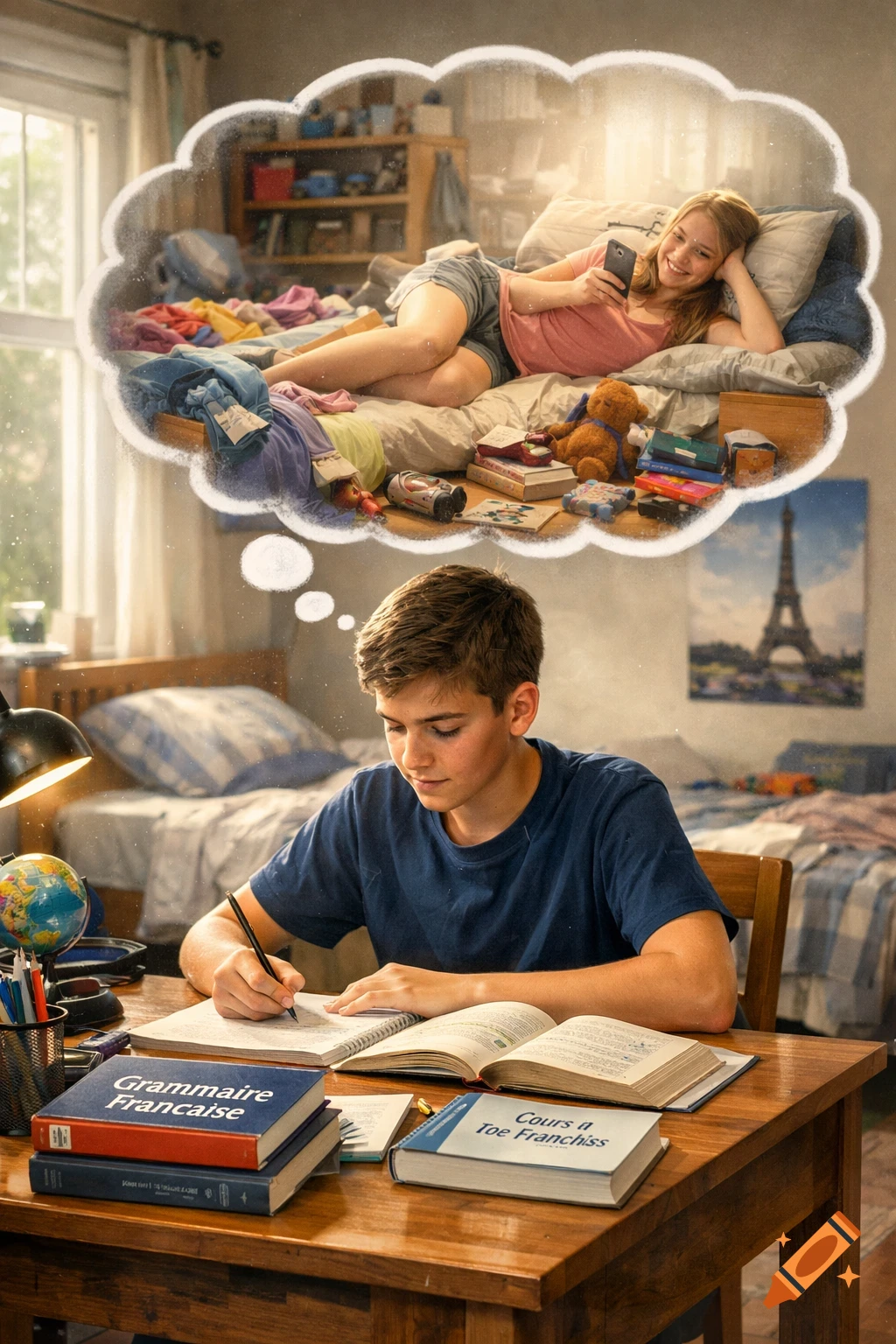 A teenage boy studies at a desk, writing in a notebook next to French textbooks, while dreaming of his sister relaxing on a messy bed.
