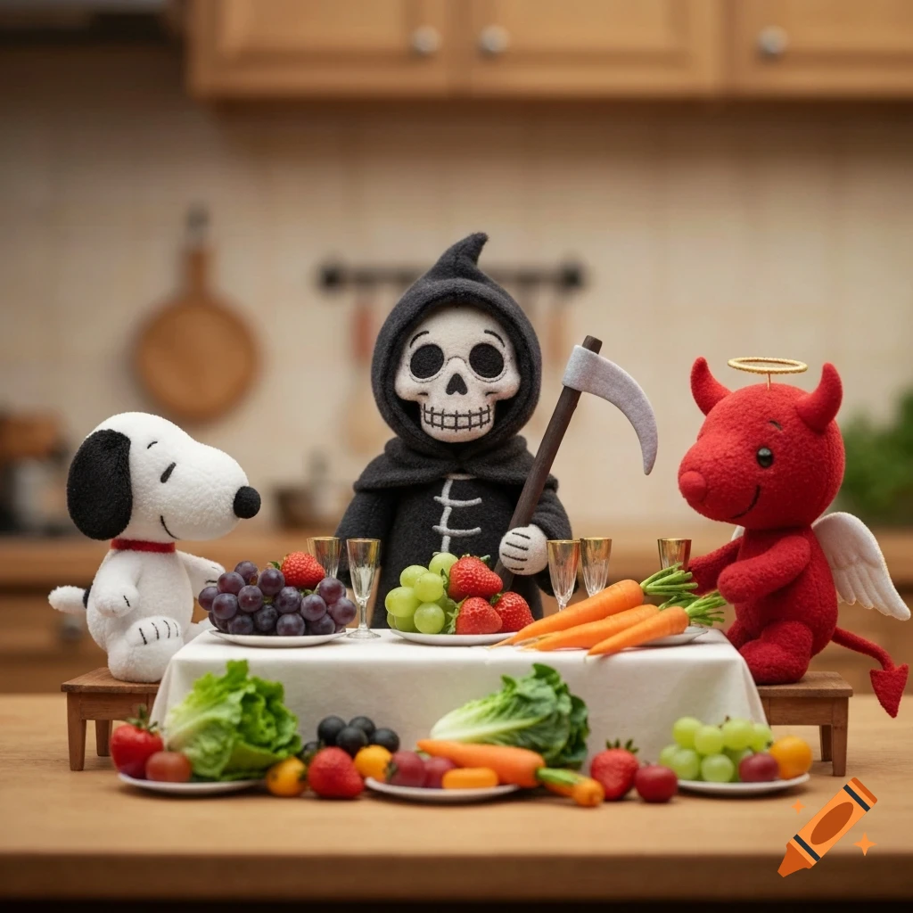 A grim reaper plush, Snoopy plush, and a red devil plush with wings and a halo sit at a table laden with fresh fruits and vegetables in a kitchen.