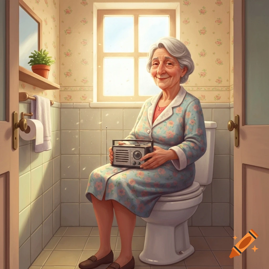 Elderly woman in a floral robe sits on a toilet, smiling at the viewer while holding a vintage radio.