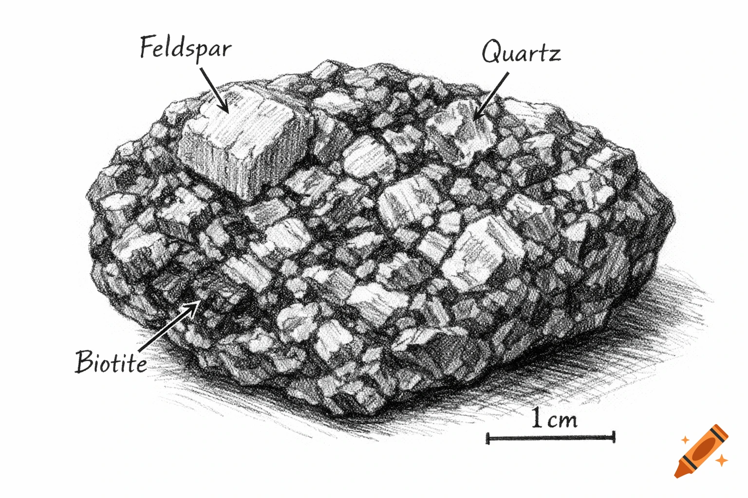 Black and white sketch of a granite rock with labels for Feldspar, Quartz, and Biotite minerals, and a 1 cm scale bar.