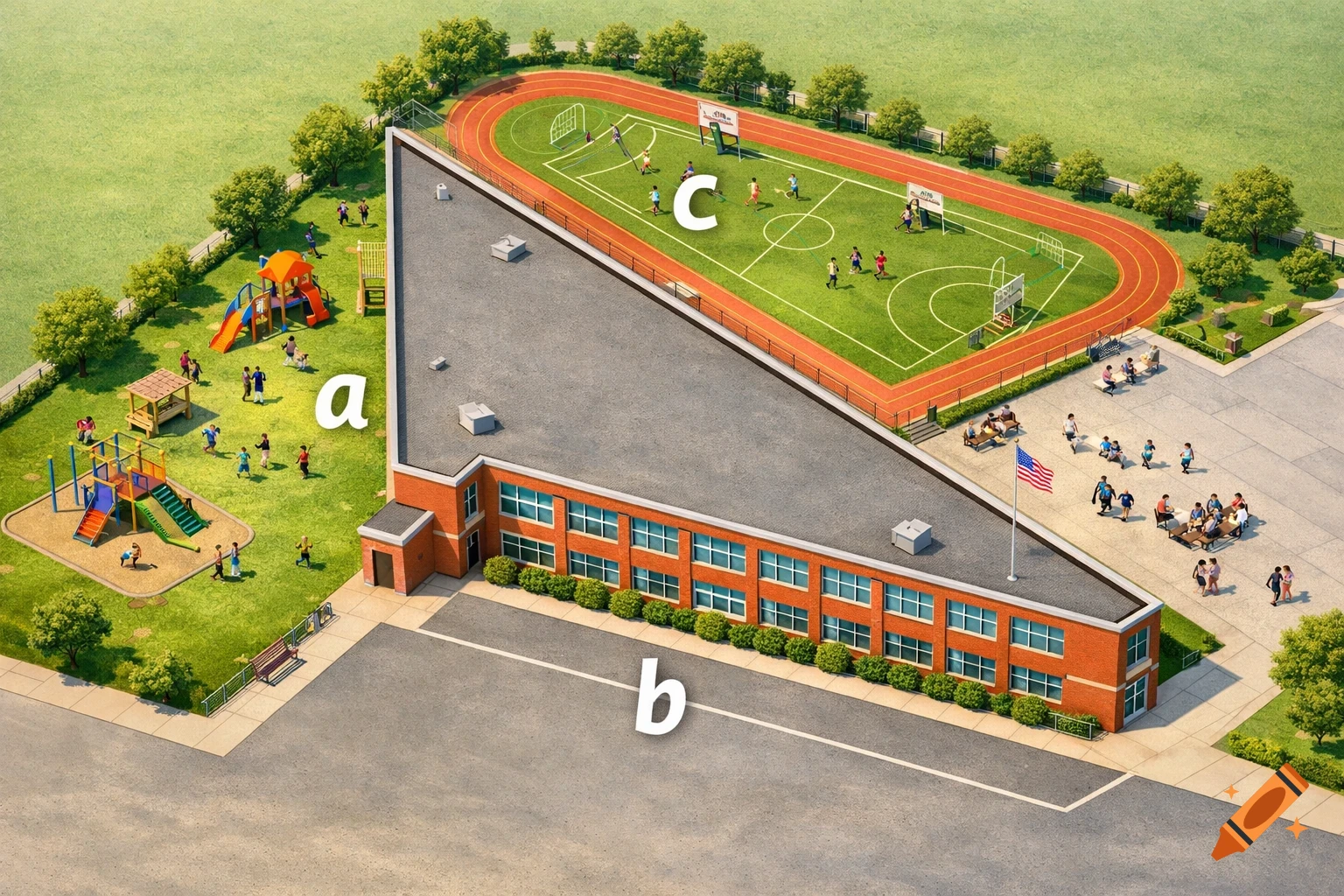 Aerial isometric view of a school with a triangular building. Surrounding it are playgrounds, a sports field, and a paved area, labeled a, b, and c.