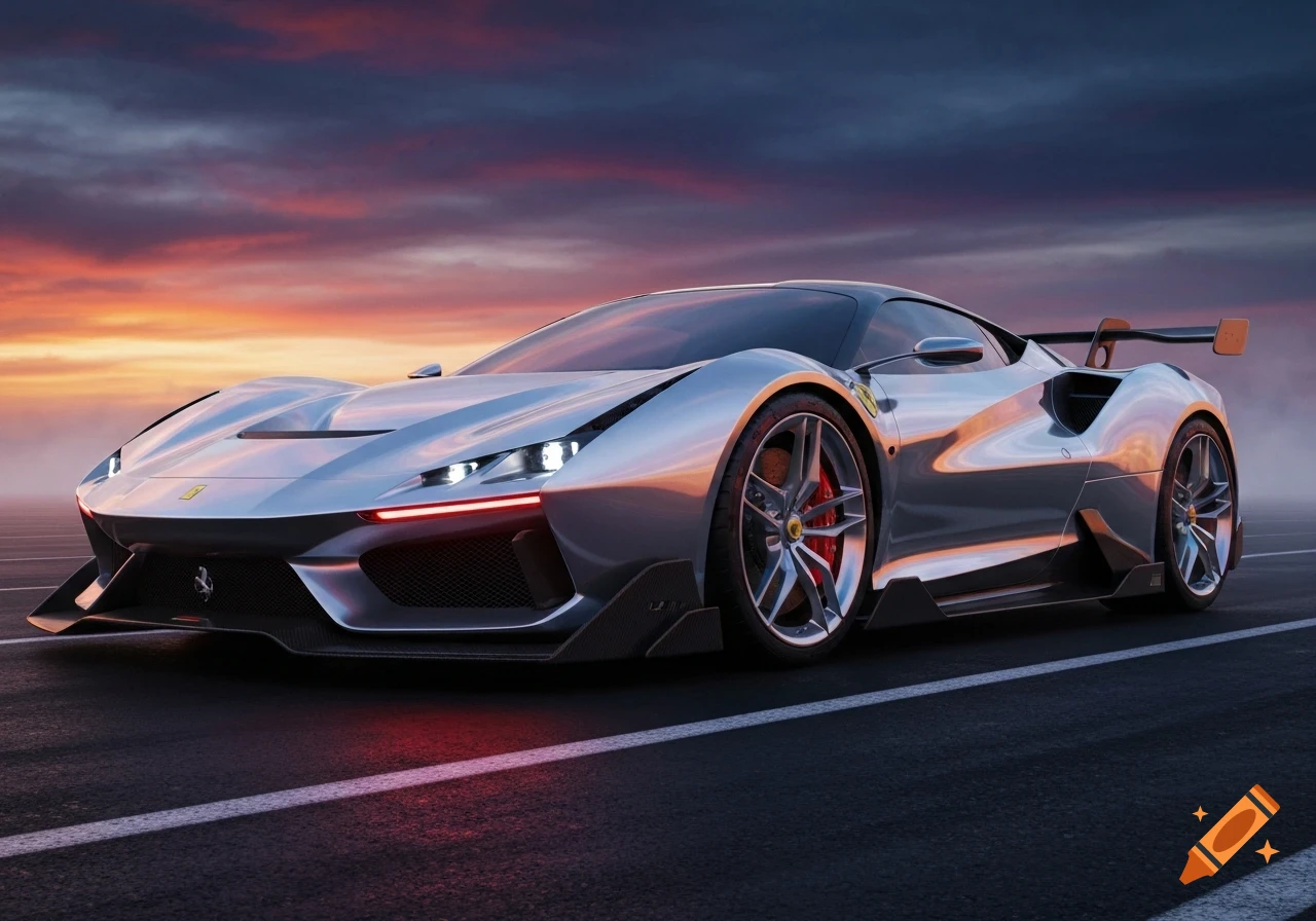 A sleek silver Ferrari concept car with red accents parked on a road at sunset.
