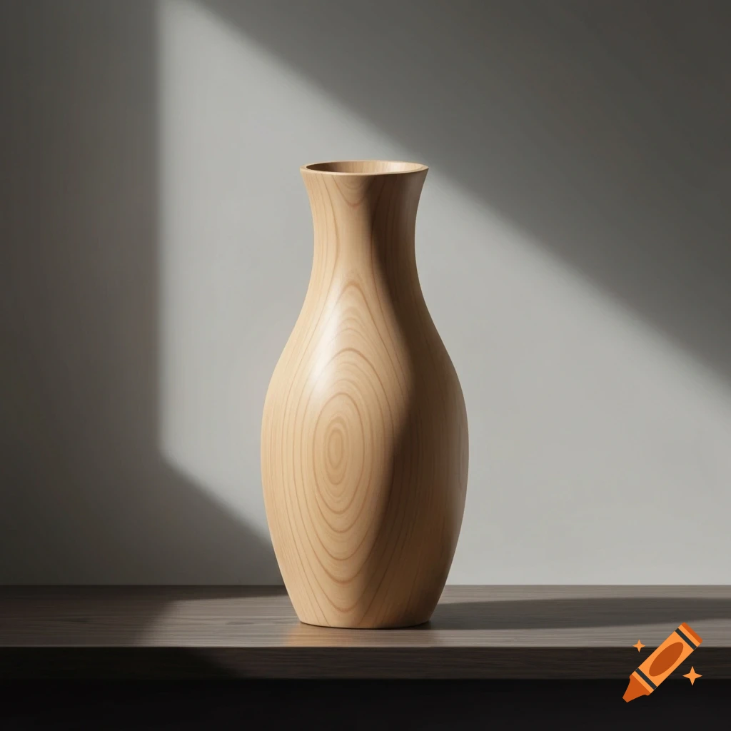 A minimalist light wooden vase with visible grain sits on a dark wooden surface, illuminated by a window shadow.