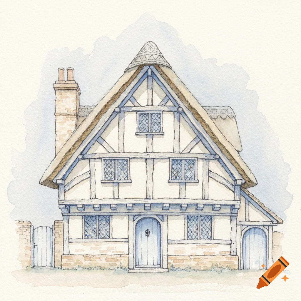 A loose watercolor painting of a front view of a medieval house with a thatched roof, timber framing, and blue accents.