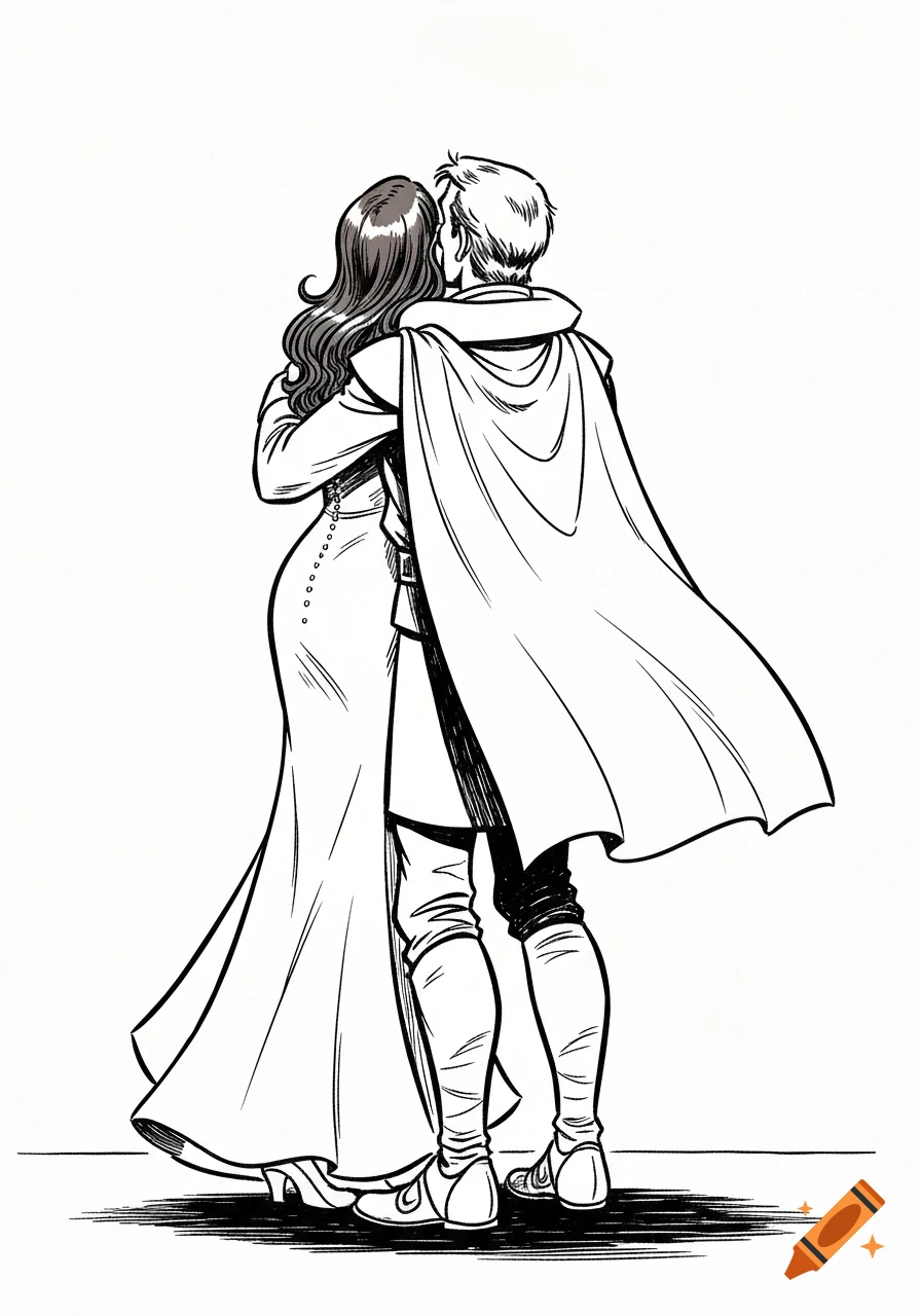 Black and white comic illustration of a man in a cape embracing a woman with long dark hair, seen from behind.