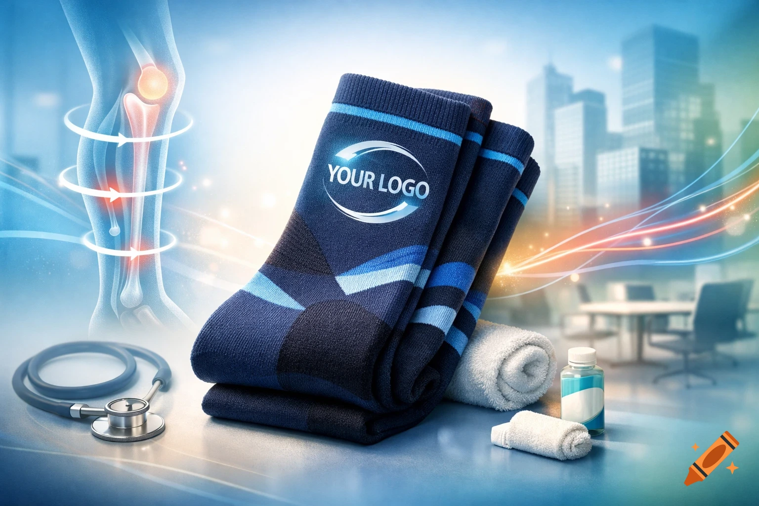 Blue compression socks with a 'YOUR LOGO' placeholder, a stethoscope, a bottle, towels, and a stylized leg bone against a city background.