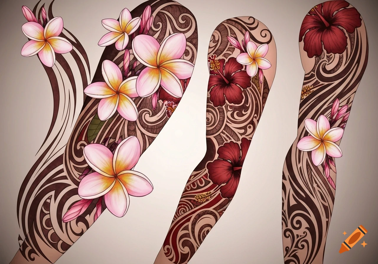 Multiple views of a tattoo sleeve design featuring pink plumeria and red hibiscus flowers with intricate brown tribal patterns on a light brown arm.