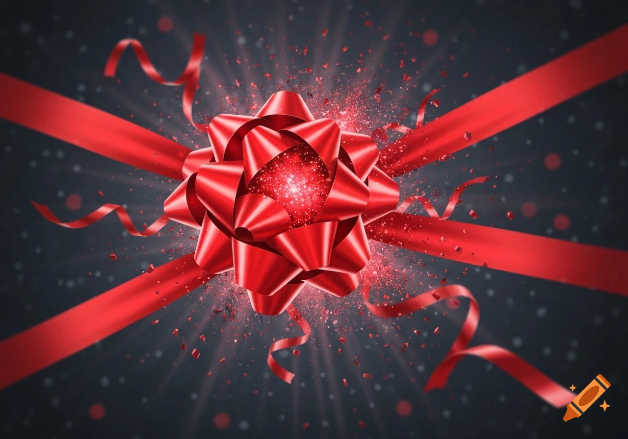 Bright red gift bow exploding with sparkling particles and ribbons on a dark, festive background.