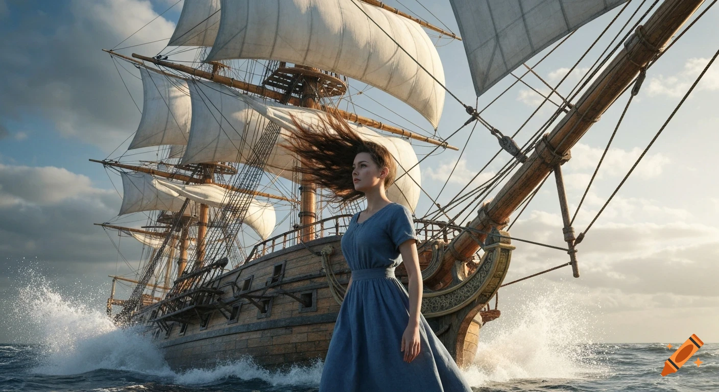 A young woman in a blue dress stands on a historical sailing ship's bow, hair blowing in the wind, waves crashing. Photorealistic.
