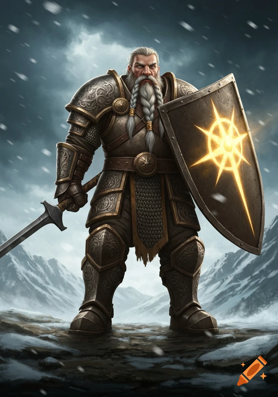 A majestic dwarf paladin in ornate armor, holding a glowing shield and sword, stands in a snowy mountain landscape.