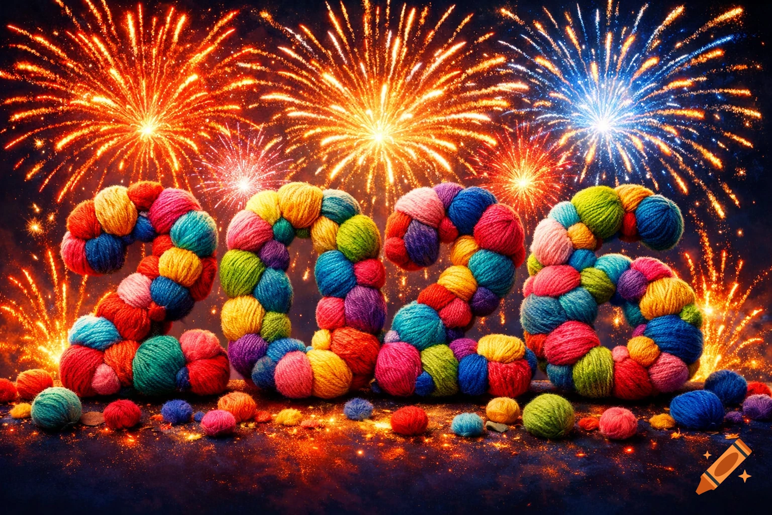 The numbers 2026, made of colorful balls of wool, stand against a night sky filled with vibrant fireworks.