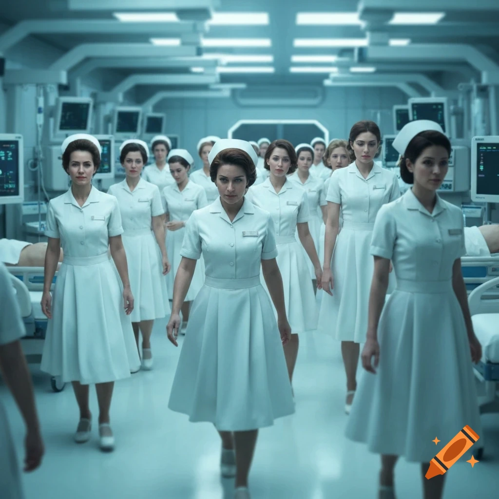 A large group of female nurses in 1960s/70s style white uniforms walk down a futuristic hospital corridor, with monitors and beds visible.