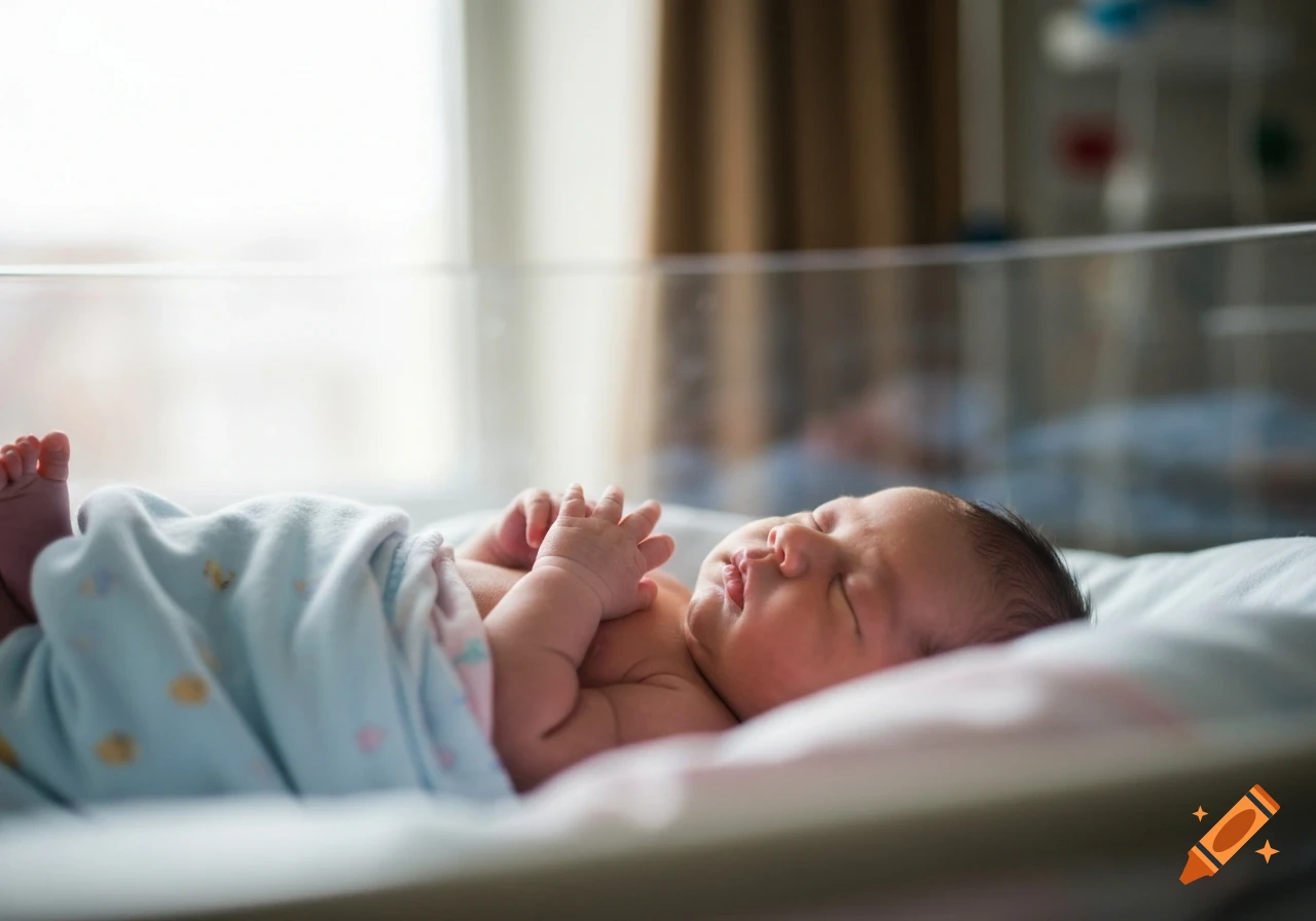 Newborn baby sleeping peacefully in a hospital crib under soft natural light, with a shallow depth of field.