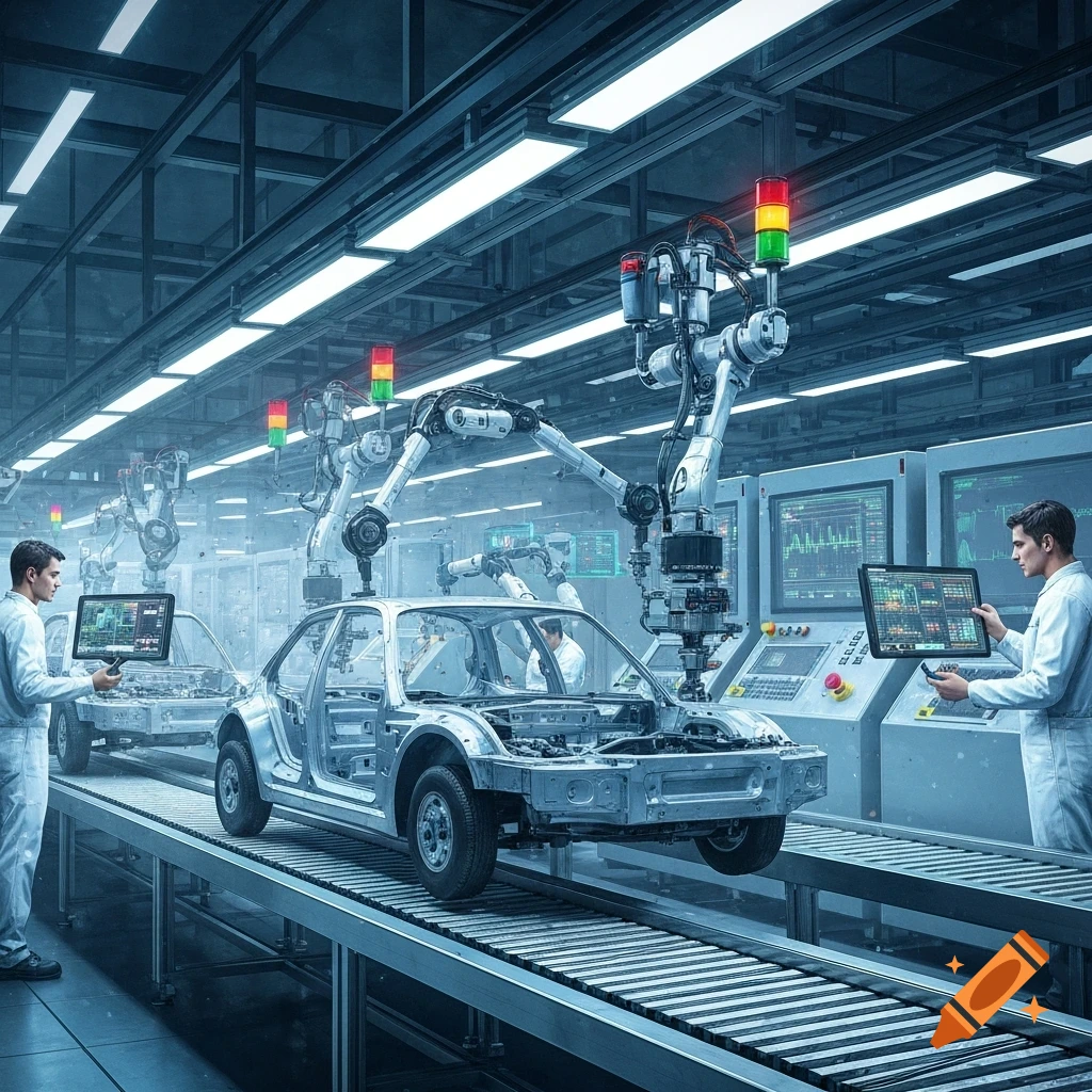 Photorealistic image of a modern automobile factory production line with robotic arms and human workers assembling car bodies.