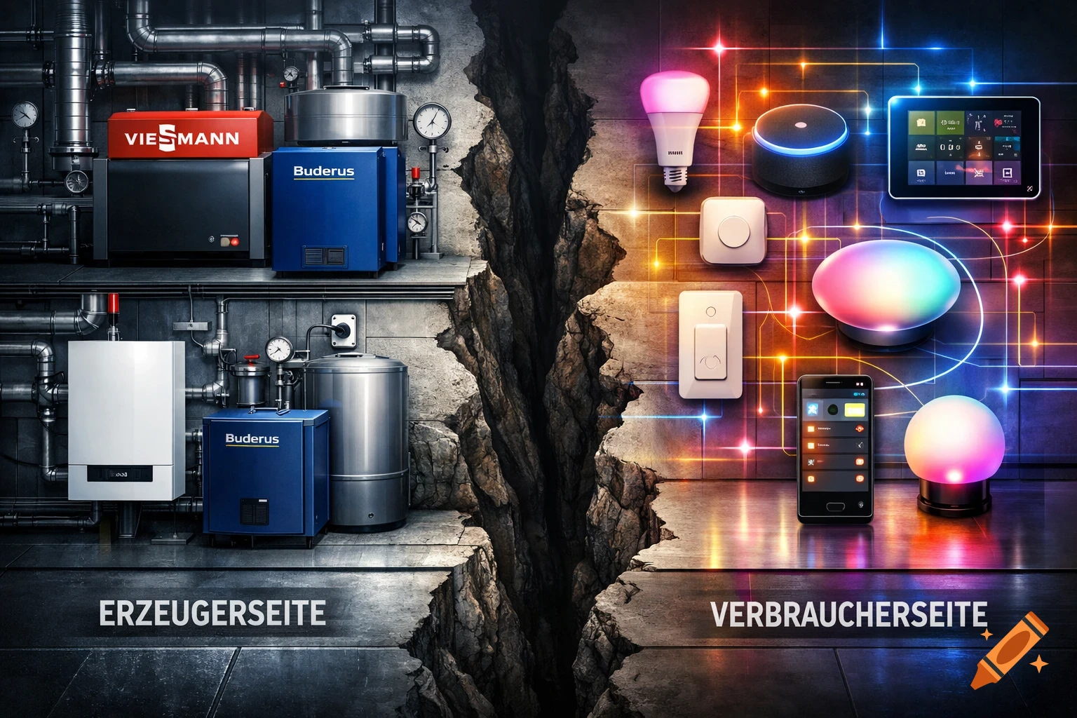 Photorealistic split image depicting industrial heating systems on one side and smart home devices with glowing connections on the other.