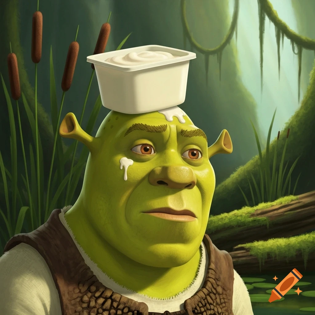 Shrek stands in a swamp with a container of white yogurt balanced on his head, some of which drips onto his face.