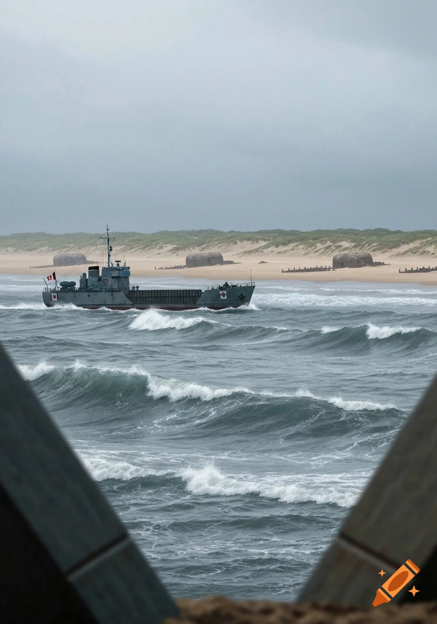 A photorealistic military landing boat with a Canadian flag sails on choppy seas past a sandy beach with bunkers under an overcast sky.