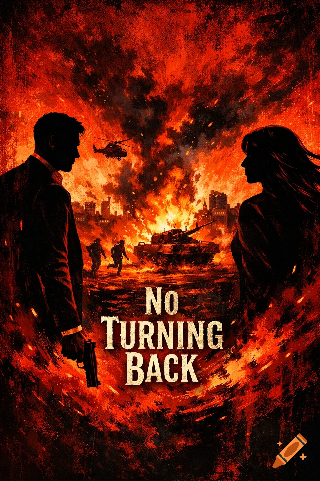 Dramatic stylized poster with silhouetted man and woman against a burning city with a tank and helicopter, text 'NO TURNING BACK'.