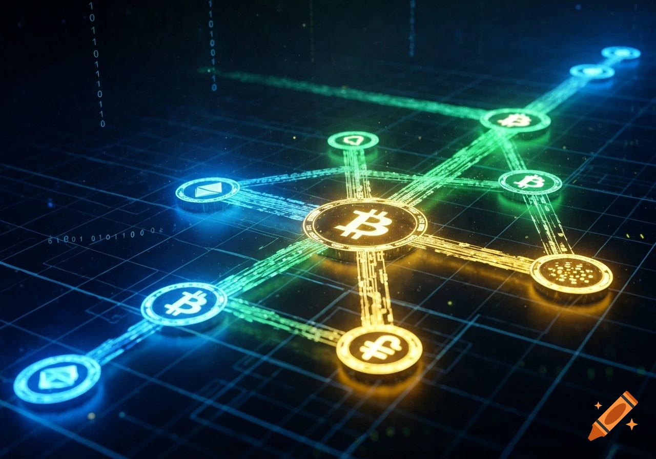 A glowing digital network displaying interconnected cryptocurrency symbols like Bitcoin, Ethereum, and other digital assets on a dark, tech-inspired background.