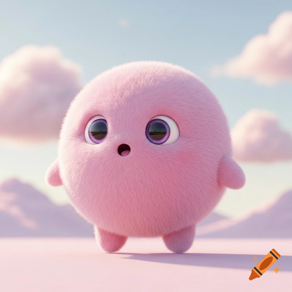 A cute, fluffy pink round monster with large purple eyes and small limbs stands in a soft pink landscape under a blue sky with pink clouds.